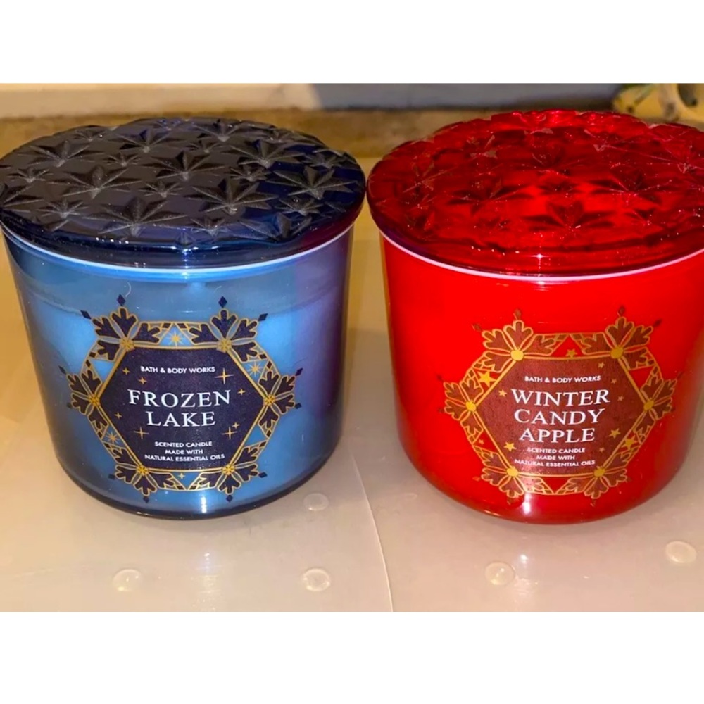 Bath And Body works Christmas Candles Frozen Lake Winter candy Apple Glass Lids